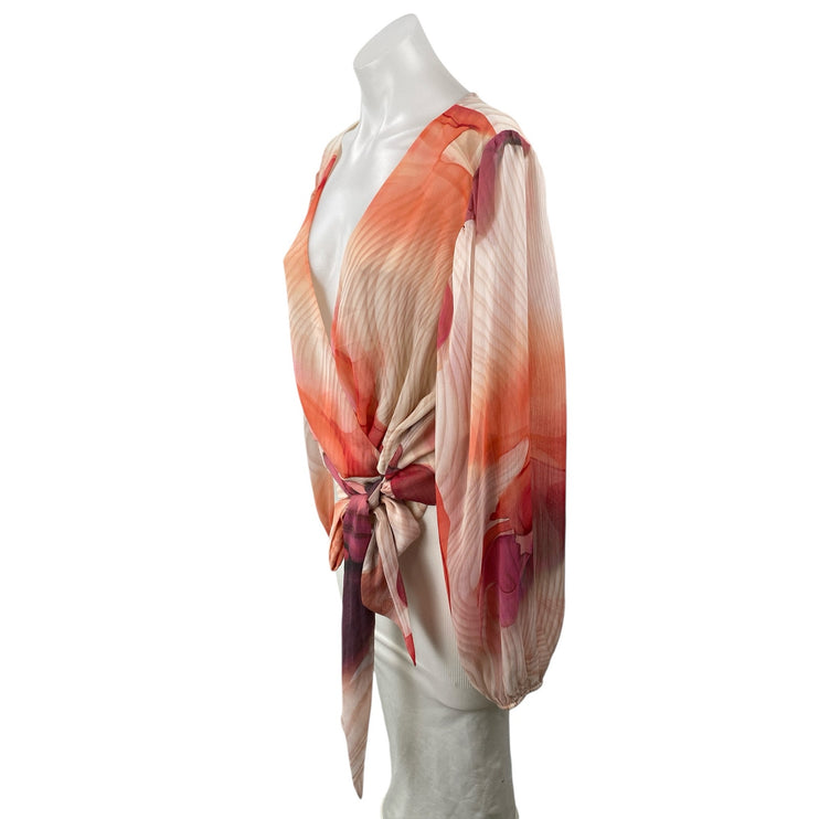 Express Women's Multicolor Abstract Print Sheer Mesh V Neck Wrap Blouse Top Sz L