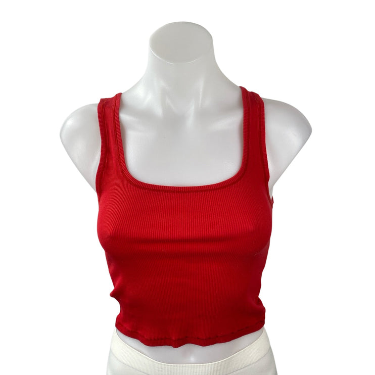 Skims Women's Red Ribbed Knit Sleeveless Cami Lounge Cropped Tank Top Size M