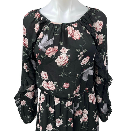 H&M Divided Black Floral Ruffle Long Sleeve Tiered Midi Blouson A-Line Dress 2