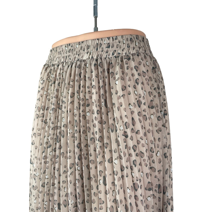 Exlura Beige Leopard Animal Print Pleated High Waist A Line Midi Skirt Size S