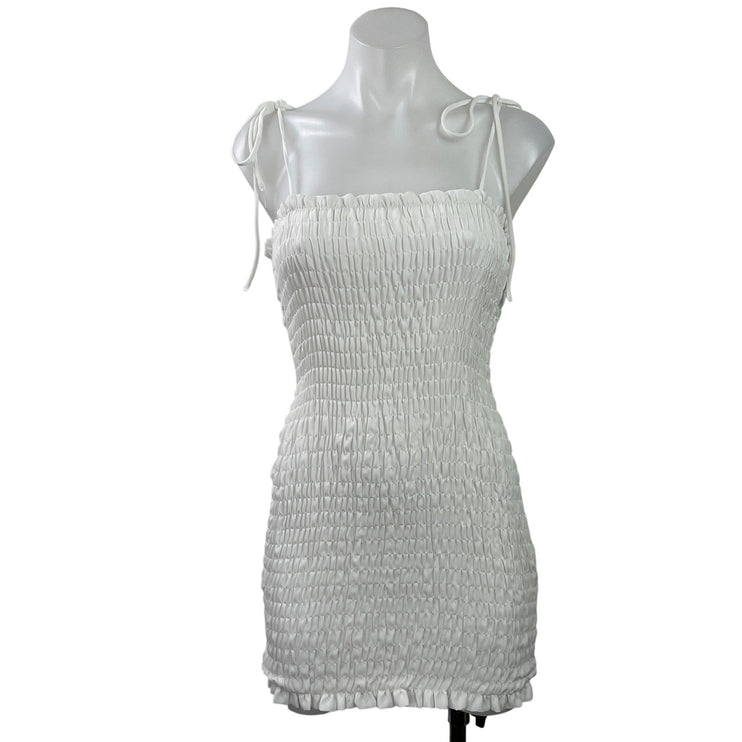 Princess Polly White Sleeveless Tie Strap Cami Smocked Mini Bodycon Dress Size 0