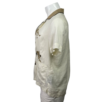 Tombolo Men's White Beige Embroidered Short Sleeve Button Down Shirt Top Size S
