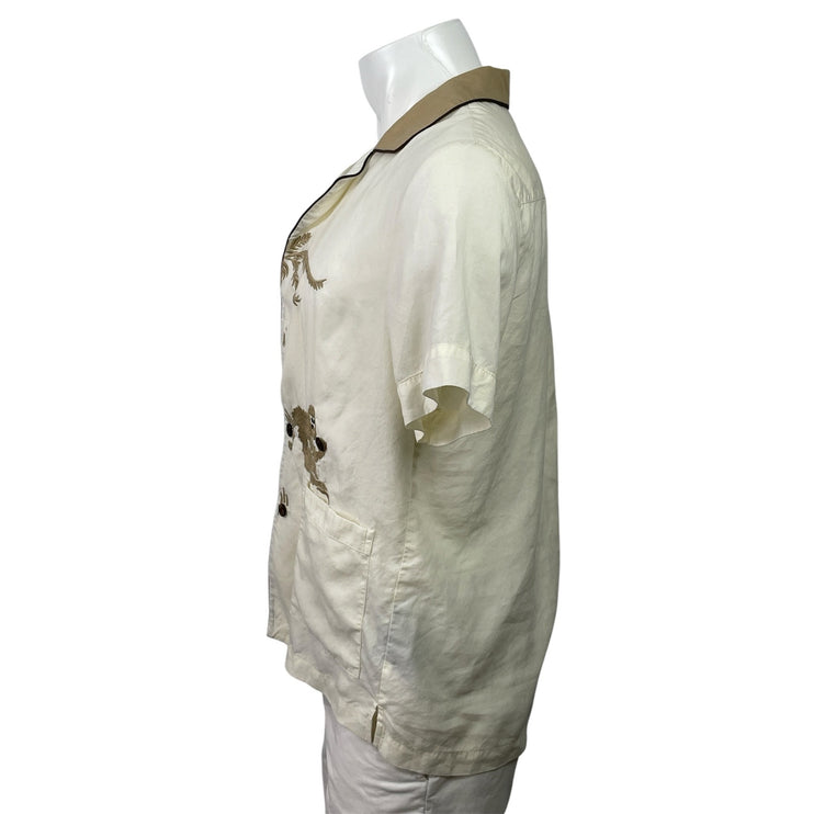 Tombolo Men's White Beige Embroidered Short Sleeve Button Down Shirt Top Size S