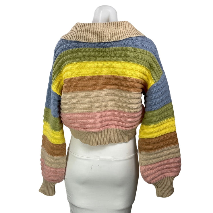 Cider Women's Colorful Striped Knit Long Balloon Sleeve Collar Polo Sweater XS