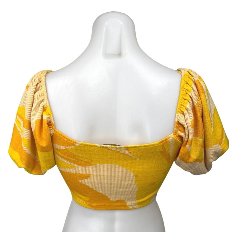 Zara Yellow Floral Ribbed Knit Sweetheart Short Puff Sleeve Crop Blouse Top S