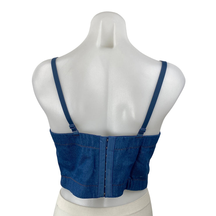 Women's Blue Fringe Rhinestone Corset Bustier Sleeveless Denim Crop Top Size 8