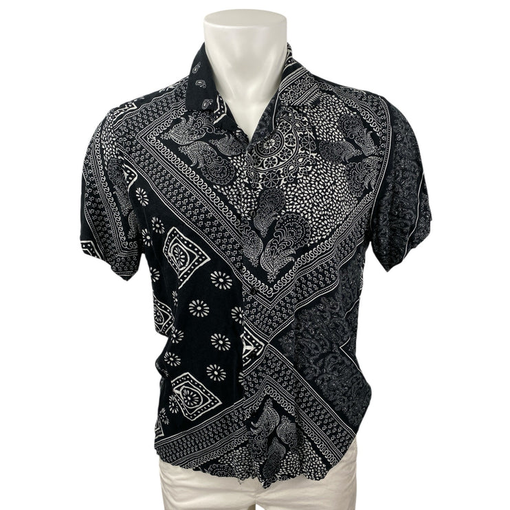 Denim & Flower Black Paisley Bandana Print Short Sleeve Button Up Shirt Top Sz L