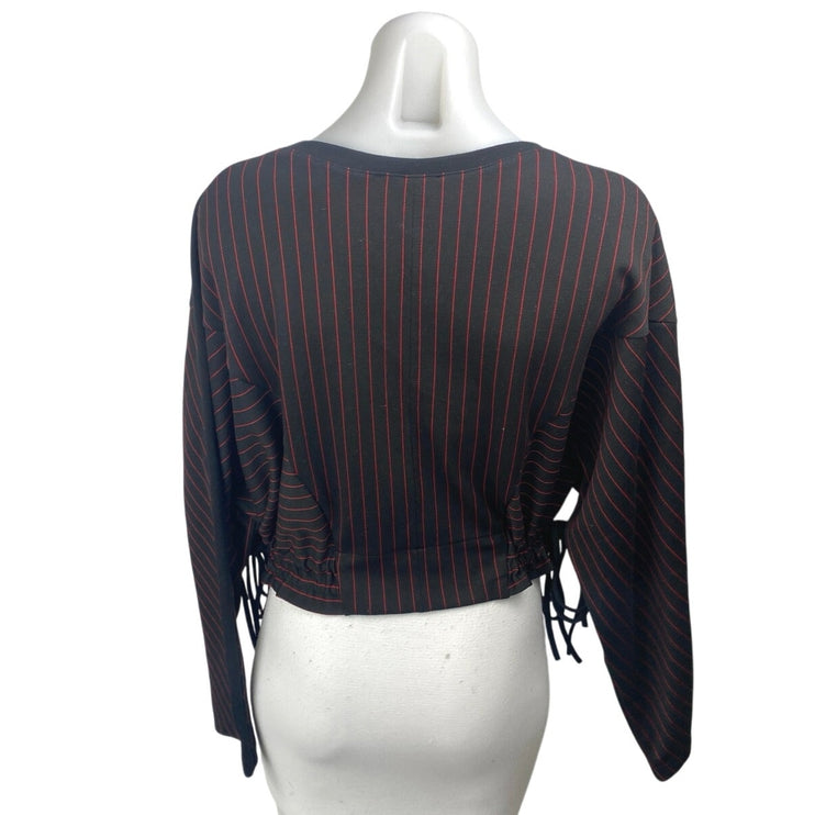 Zara Black Red Striped Long Dolman Sleeve Drawstring Cropped Sweater Top Size M