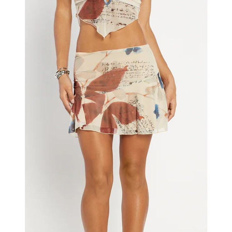 Tiger Mist Feyra Beige Low Waist Graphic Print Butterfly A Line Mini Skirt Sz L