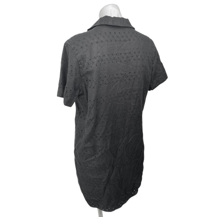 Everlane 100% Linen Black Embroidered Eyelet Short Sleeve Button Up Mini Shirt Dress Size S