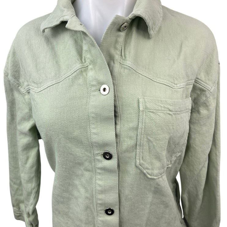 Zara Women's Green Denim Button Down Raw Hem Long Sleeve Shirt Jacket Top Size S