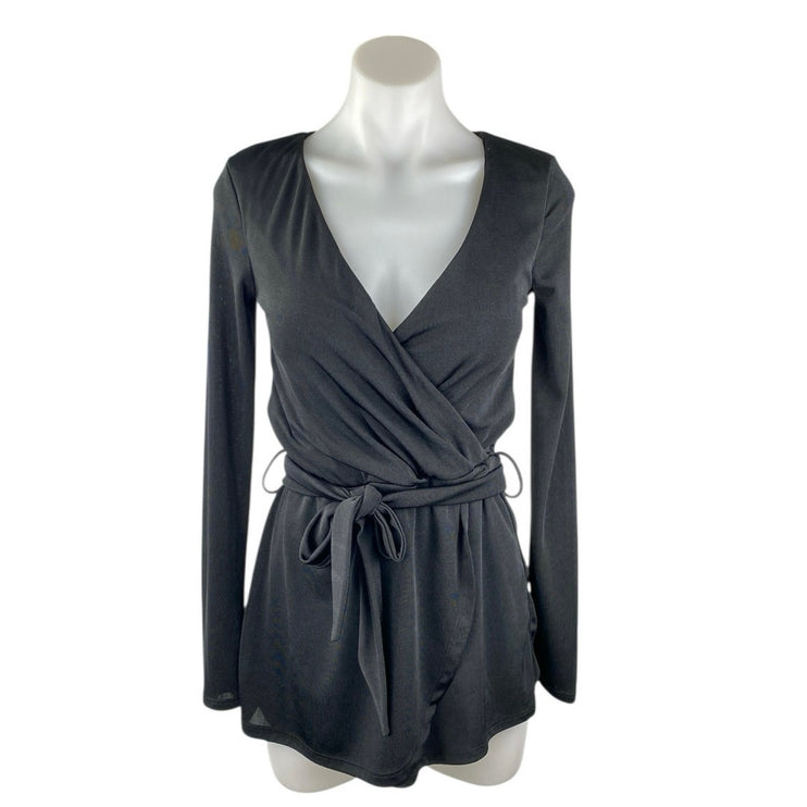 NEW Miss Selfridge Black Long Sleeve V Neck Tie Waist Wrap Jumpsuit Romper Sz 2