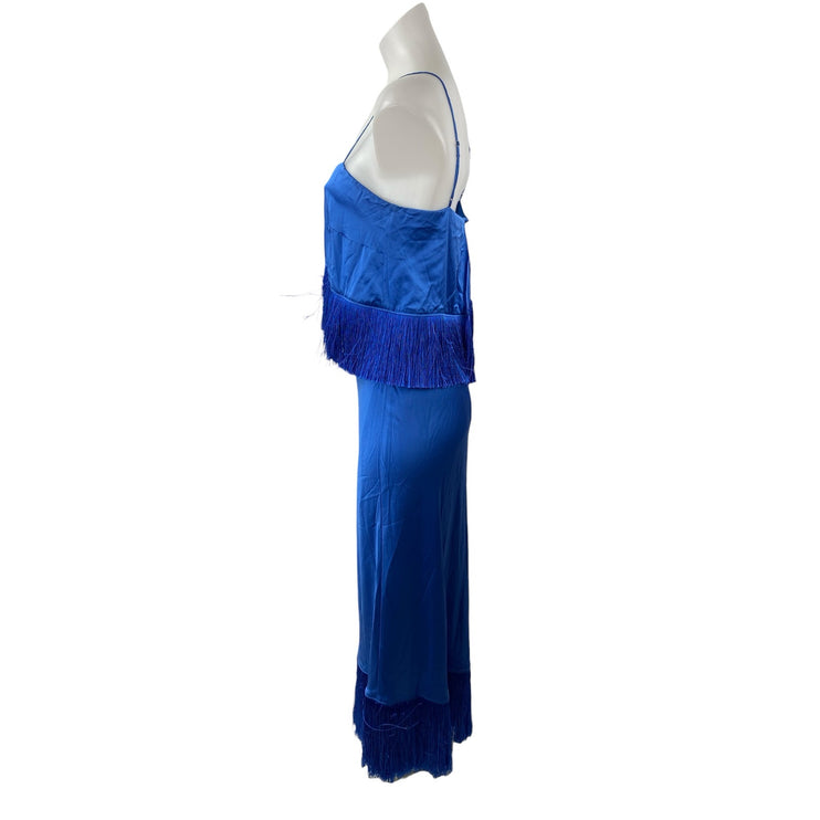 Cinq a Sept Blue Silk Satin Fringe Sleeveless Slit Cami Blouson Midi Dress Sz M