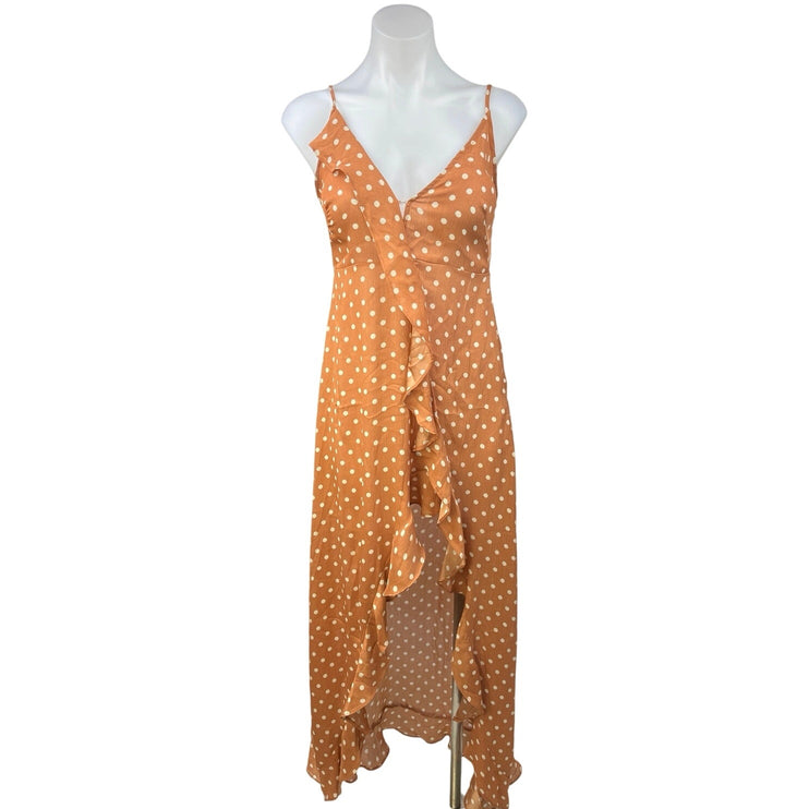 Dress Forum Brown White Polka Dots Sleeveless Ruffle High Low Maxi Dress Size S