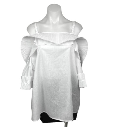 Ashley Stewart White Ruffle Pleated Square Cold Shoulder Tunic Blouse Top Sz 18