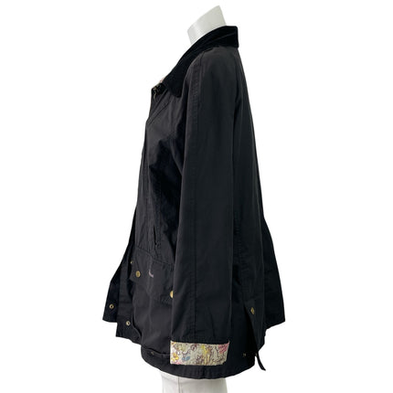 Barbour Beadnell Womens Black Floral Lining Zip Up Collared Waxed Coat Jacket 12