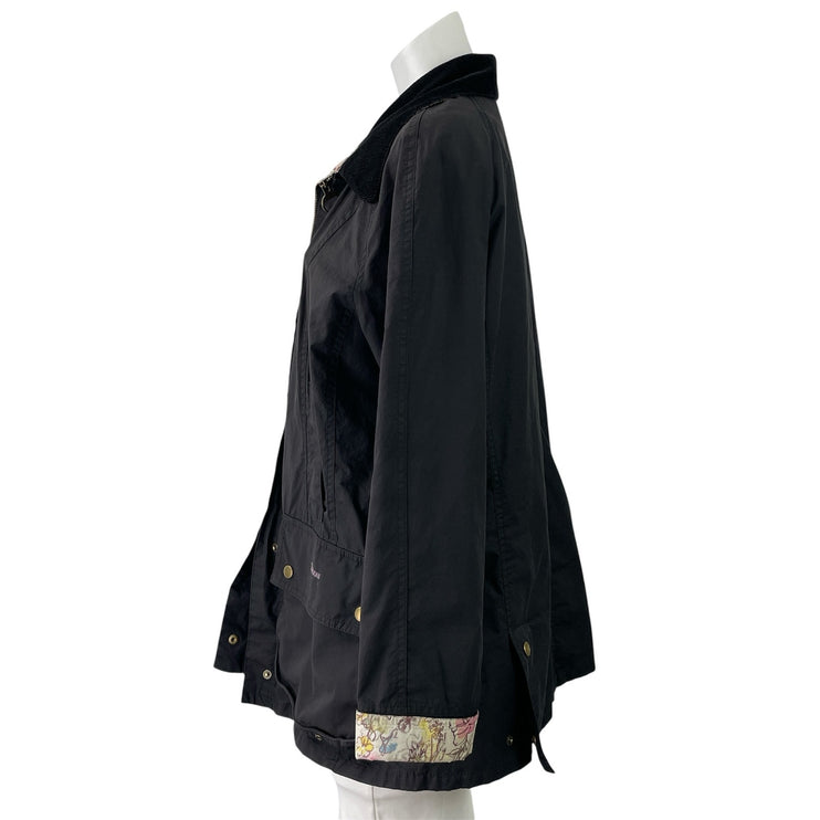 Barbour Beadnell Womens Black Floral Lining Zip Up Collared Waxed Coat Jacket 12