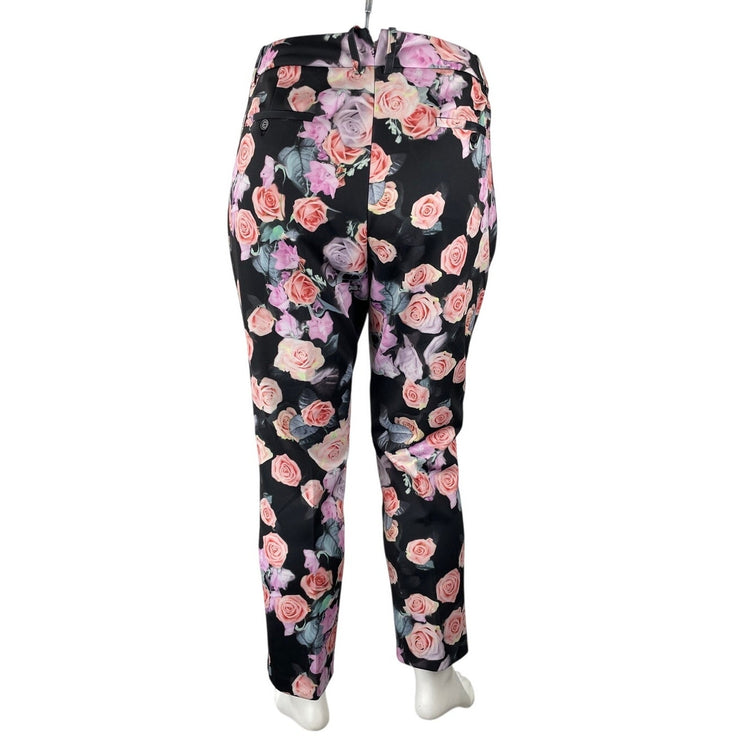Eloquii Women Black Floral Rose High Rise Straight Casual Trousers Pants Size 18