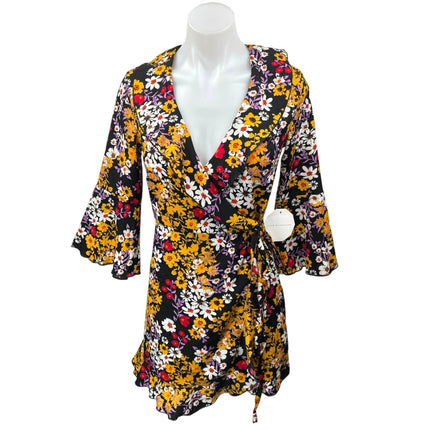 NEW Outrageous Fortune Multicolor Floral V-neck Bell Sleeve Mini Wrap Dress 2