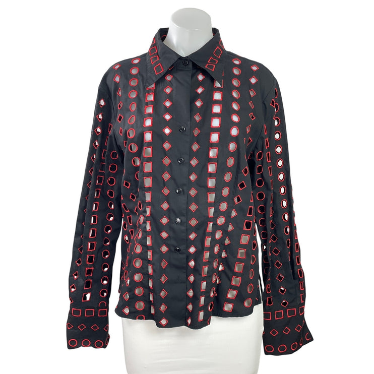 D&Y Women's Black Red Embroidered Open Long Sleeve Button Down Shirt Top Size L