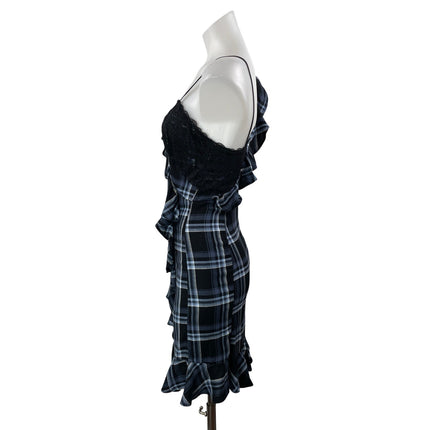 Likely Black Blue Plaid One Shoulder Lace Trim Ruffle Sheath Mini Dress Size 0