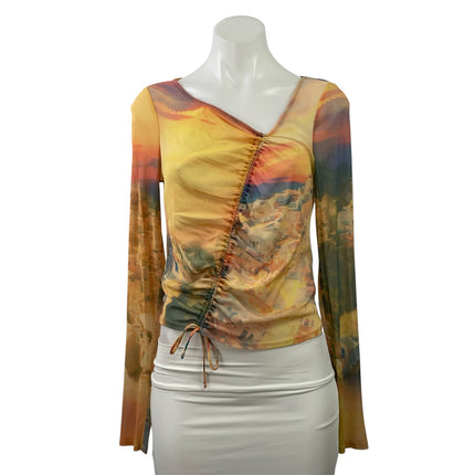 Urban Outfitters Shona Cityscape Mesh Ruched Long Sleeve Blouse Crop Top Size L