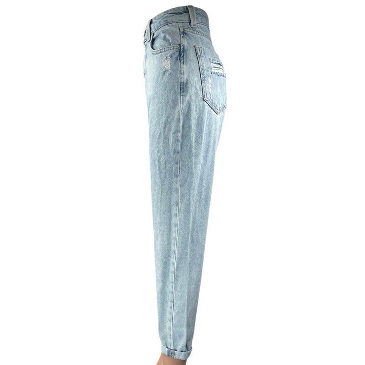 Zara Women's Blue Light Wash High Rise Distressed Tapered Leg Denim Jeans Size 2