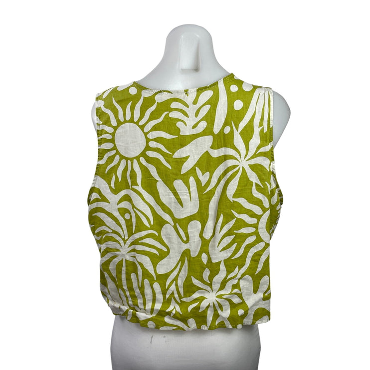 Christian Siriano Green White Linen Blend Sleeveless Tie Front Crop Tank Top L