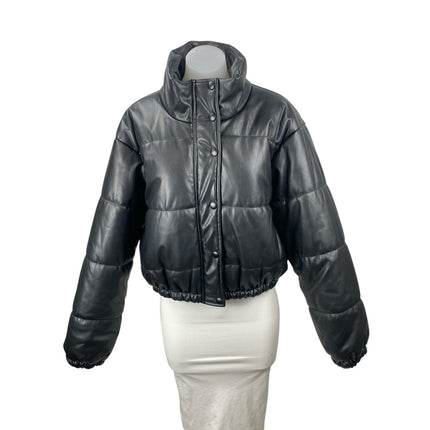 Le Lis Black Faux Vegan Leather Quilted Long Sleeve Crop Puffer Coat Jacket Sz L