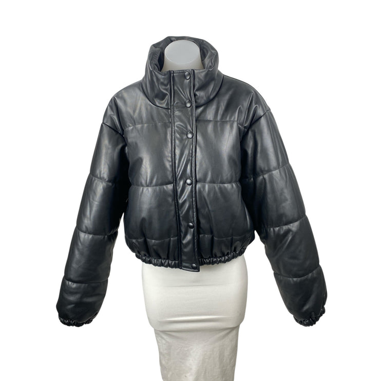Le Lis Black Faux Vegan Leather Quilted Long Sleeve Crop Puffer Coat Jacket Sz L