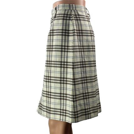 Women's Cream Brown Plaid Check Pleated Slit Culottes Knee Length A-line Skirt S