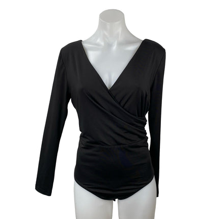 Princess Polly Women's Black Long Sleeve Faux Wrap Drape Bodysuit Top Size 10