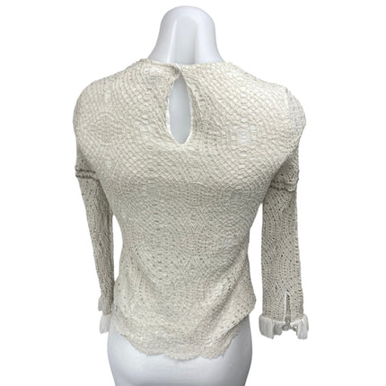 Massimo Dutti White Embroidered Mesh Ruffle Crew Long Sleeve Blouse Top Size 6