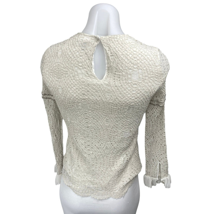 Massimo Dutti White Embroidered Mesh Ruffle Crew Long Sleeve Blouse Top Size 6