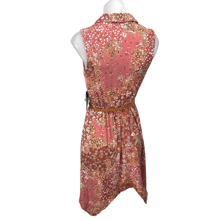 NEW No Boundaries Pink Paisley Floral Button Sleeveless Asysmetric Shirt Dress S