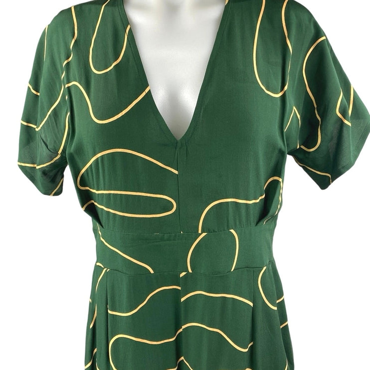 Ali Golden Women's Green Gold Silk Abstract Short Sleeve V Neck Crop Jumpsuit S