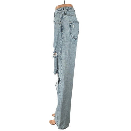 Zara Distressed Destroyed High Rise Baggy Palazzo Wide Leg Denim Jeans Pants 2