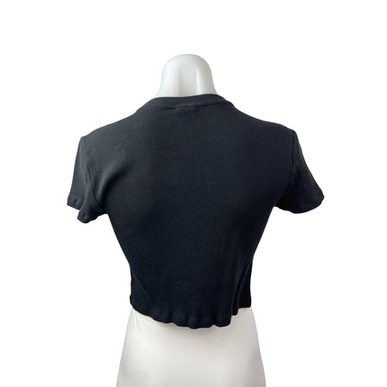 Aritzia TNA Women's Black Ribbed Knit Crew Sculpt Cropped T Shirt Tee Top Size L