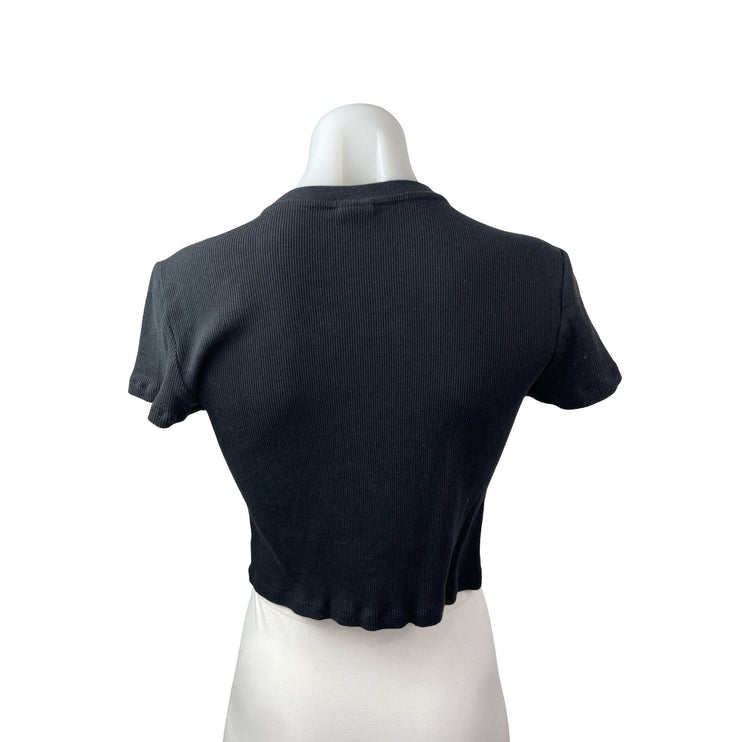 Aritzia TNA Women's Black Ribbed Knit Crew Sculpt Cropped T Shirt Tee Top Size L
