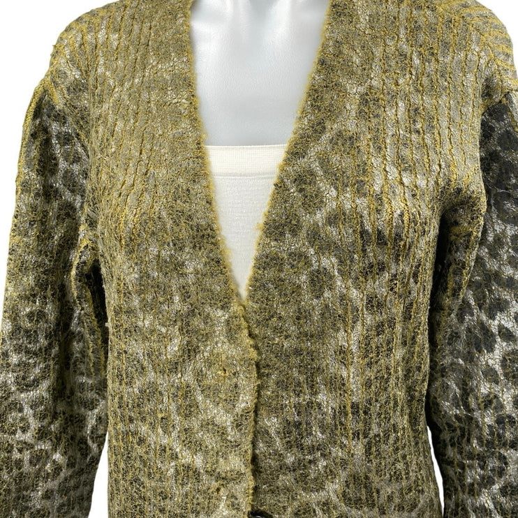 Zara Green Textured Knit Leopard Animal Print Button Long Sleeve Coat Jacket M