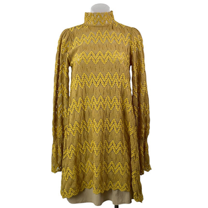 Jockey Mustard Yellow Long Sleeves Crochet Lace Mock Neck Mini Sweater Dress XS