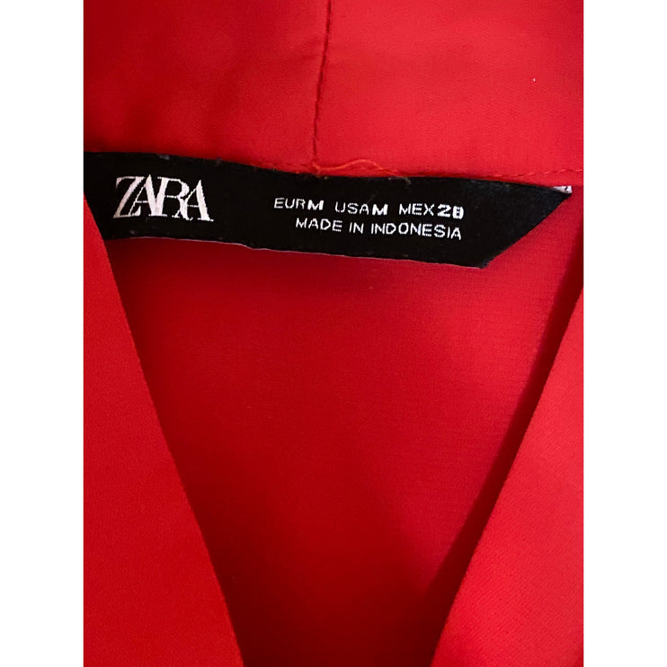 Zara Women's Red Tie Neck Long Puff Sleeve Button Career Shirt Blouse Top Size M