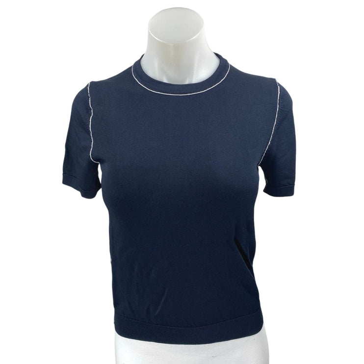 Zara Women's Blue Knit Short Puff Sleeve Crew Neck T-Shirt Blouse Top Size S