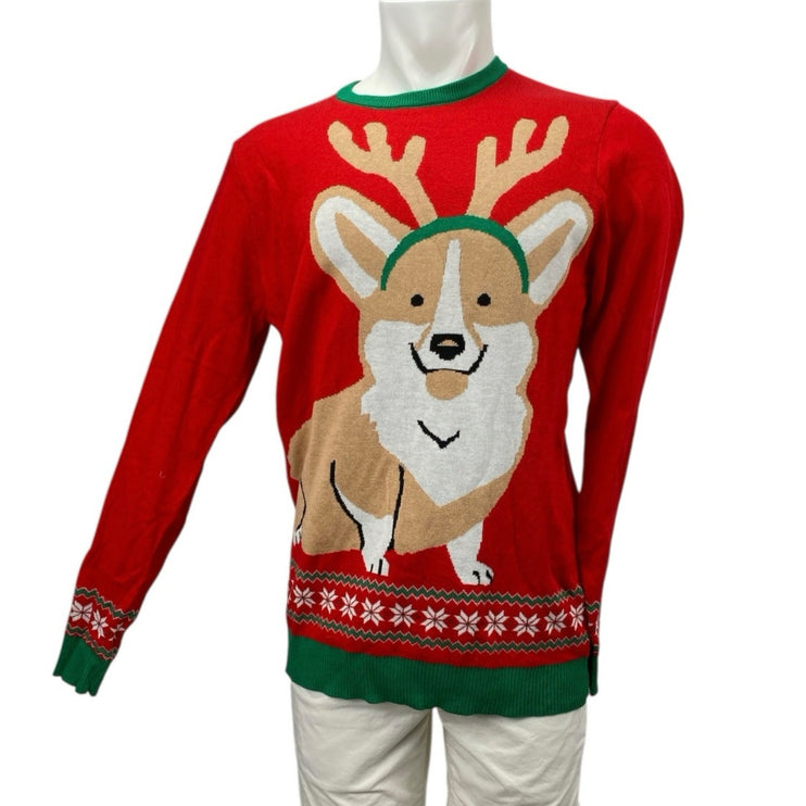 Ugly Christmas Party Men's Red Corgi Fair Isle Long Sleeve Sweater Top Size L