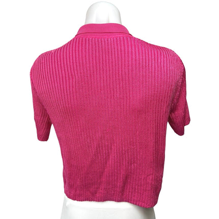 Nati Vozza Pink Ribbed Button Down Short Sleeve Collar Crop Polo Sweater Top M