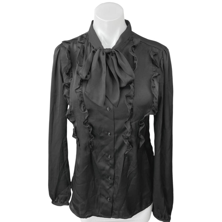 Express Black Silky Satin Bow Tie Neck Ruffle Button Down Shirt Blouse Top Sz L