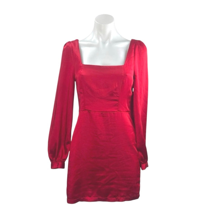 Lulus Women Red Silk Satin Long Puff Sleeve Square Neck Mini Sheath Dress Size S