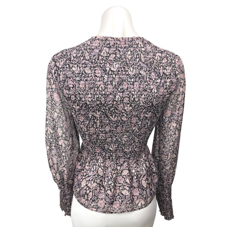 Intermix Purple Black 100% Silk Floral Balloon Sleeve Peplum Blouse Top Size S