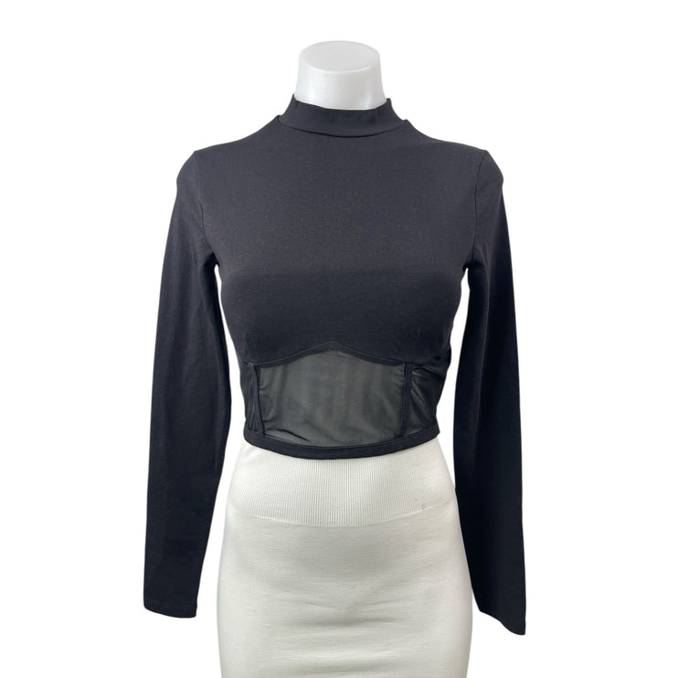 NA-KD Women's Black Long Sleeve Mock Neck Mesh Corset Bustier Crop Top Size S