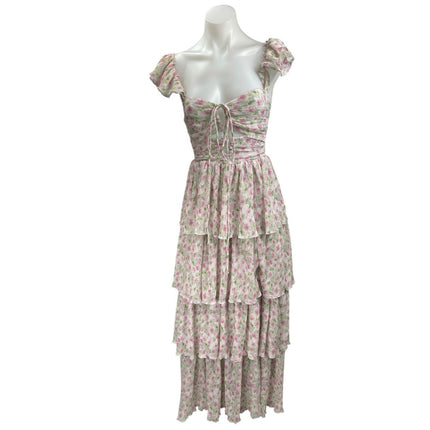 ASTR The Label Emmeline Pink Green Cutout Ruffle Floral Tiered Maxi Dress Sz XS